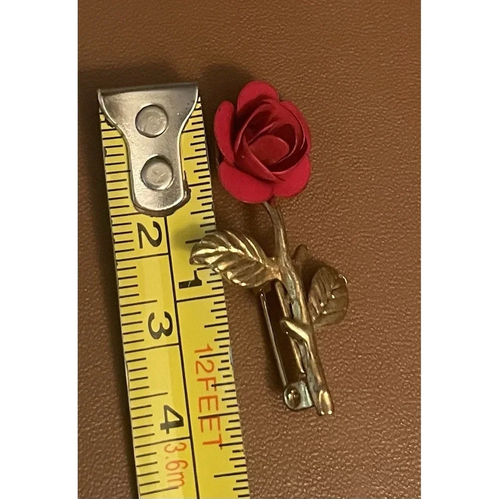 Vintage Flower Red Rose Leaf Brooch Pin Textured Gold Tone Metal Costume Jewelry